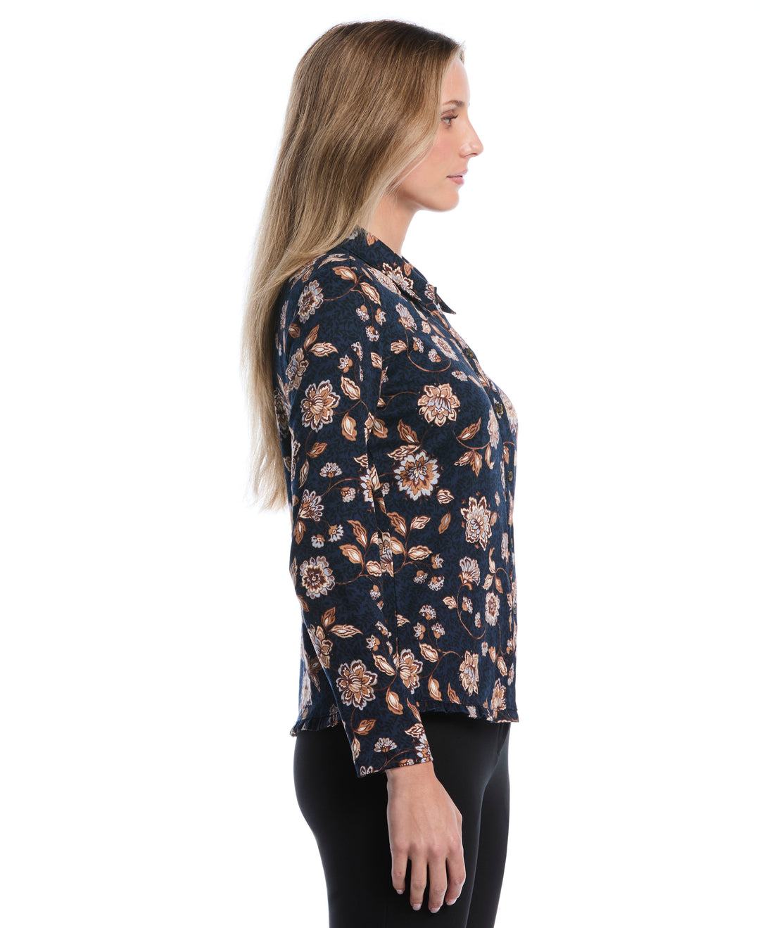 Petite Floral Print Ruffle Trim Button-Up Top (Blue Blizzard) 