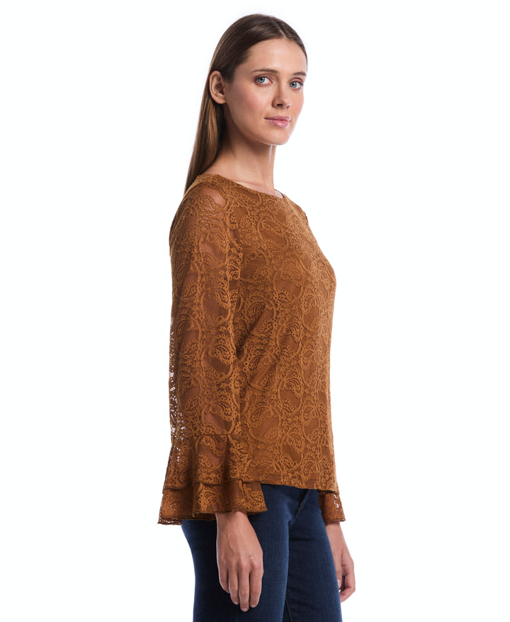 Petite Lace Ruffle Sleeve Boatneck Top (Monks Robe) 