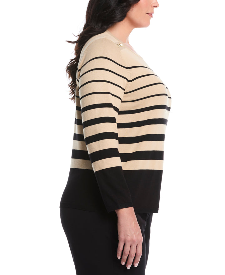 Plus Size Striped Print Rivet Detail Sweater (Irish Cream) 