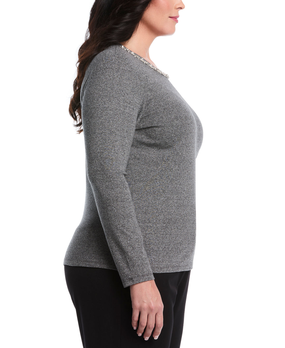 Plus Size Embellished Neck Top (Salt & Pepper Heather) 