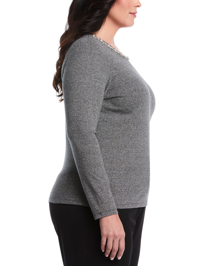 Plus Size Embellished Neck Top (Salt & Pepper Heather) 