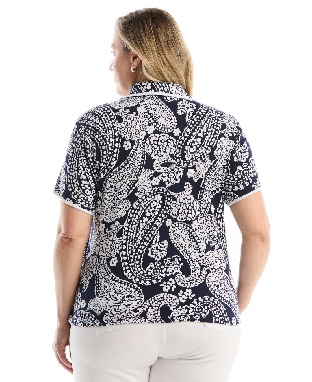 Plus Size Paisley Print Contrast Trim Johnny Collar Polo (Peacoat) 