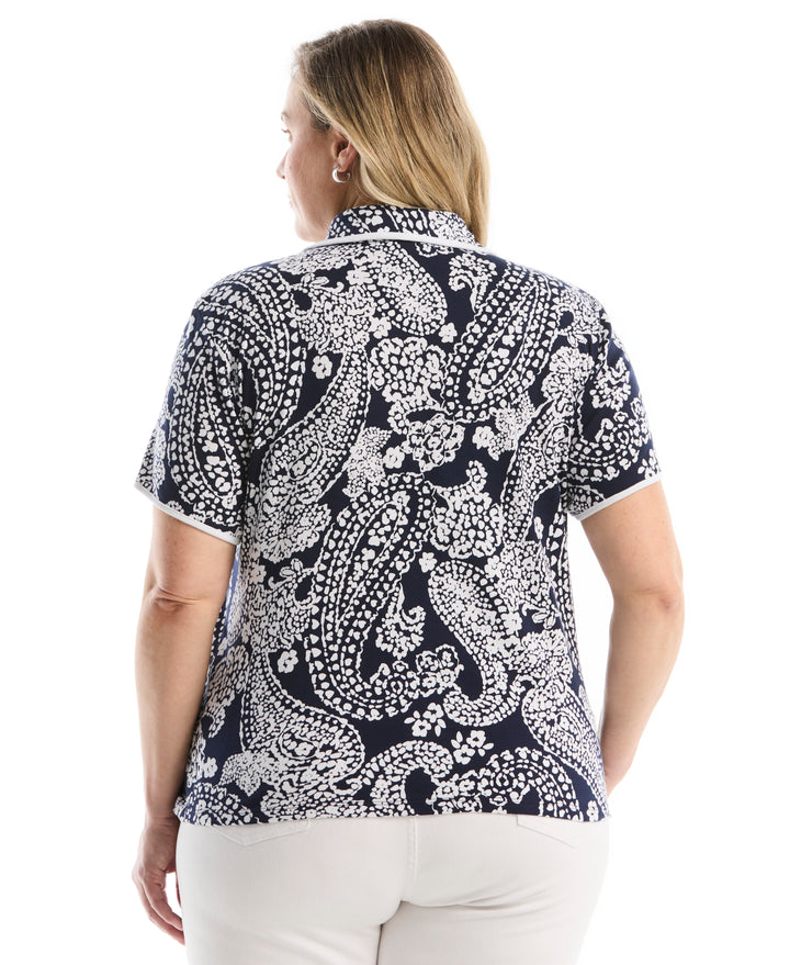 Plus Size Paisley Print Contrast Trim Johnny Collar Polo (Peacoat) 