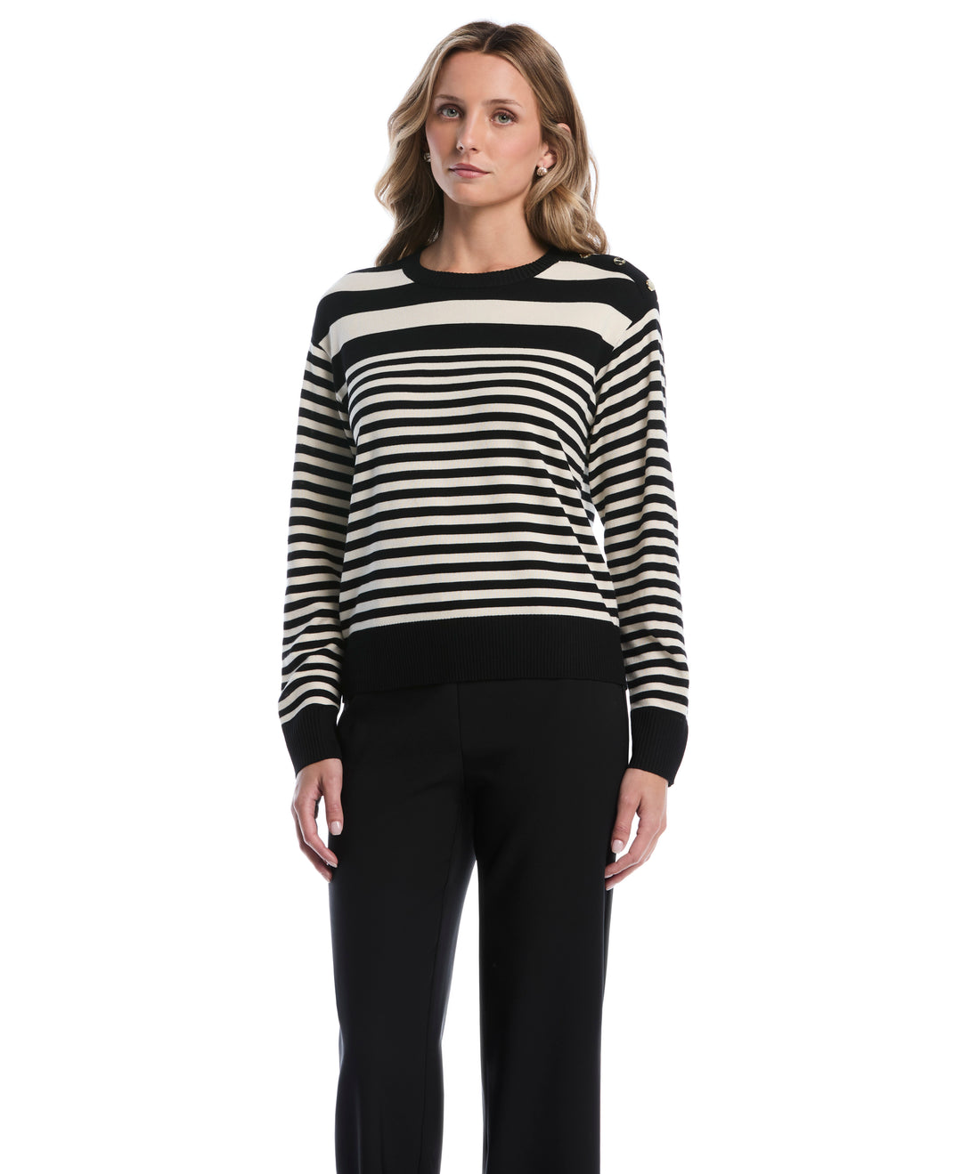 Petite Striped Rib Trim Crewneck Sweater (Black) 