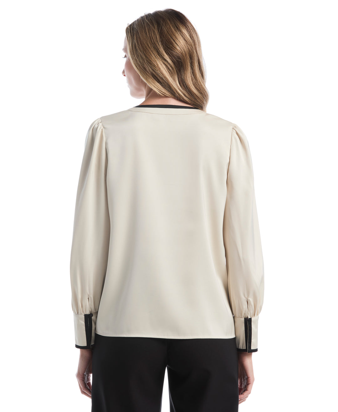 Petite Split Neck Contrast Trim Blouse (Oatmeal) 