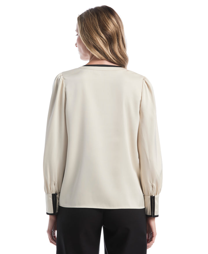 Petite Split Neck Contrast Trim Blouse (Oatmeal) 