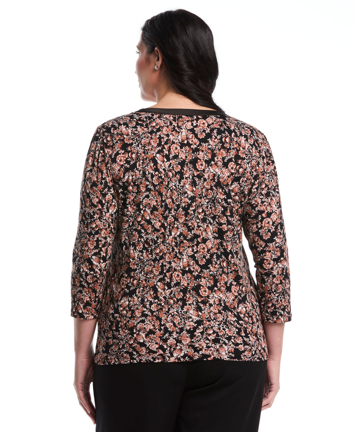 Plus Size Floral Print 3/4 Puff Sleeve V-Neck Top (Black) 