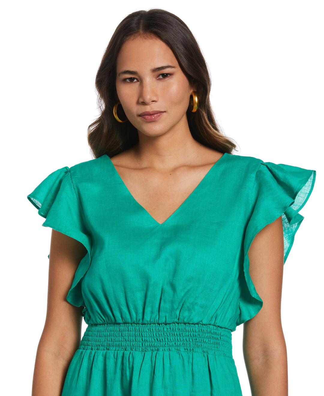 Double V Neck Ruffle Dress (Simply Green) 