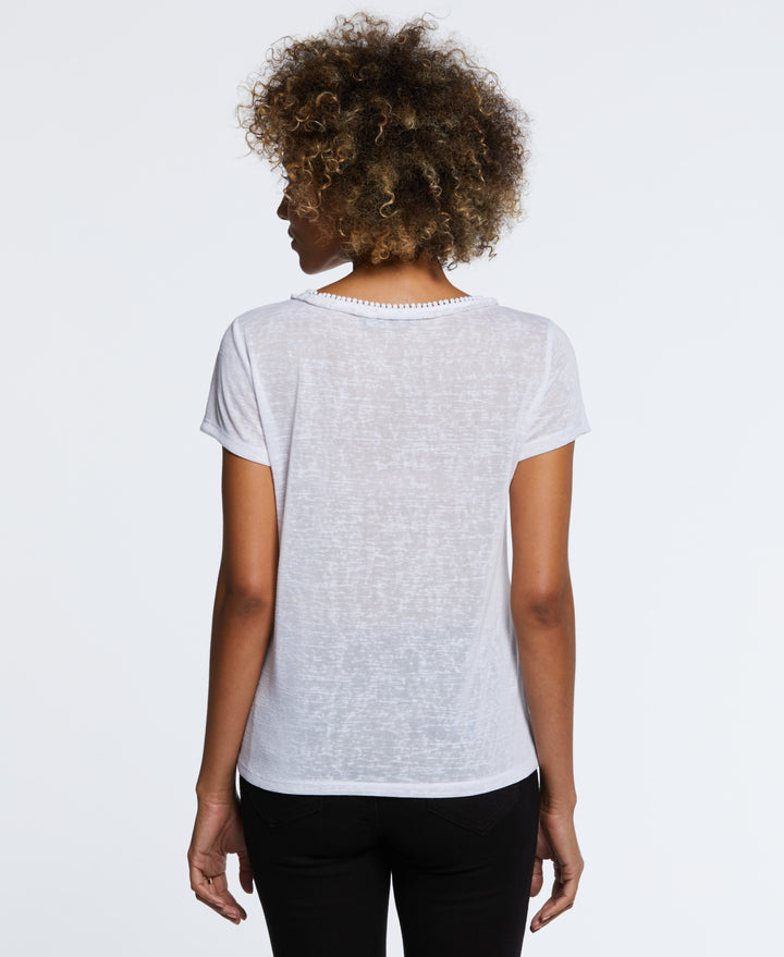 Eco Fabric Short Sleeve Top with Decorative Trim (White) 