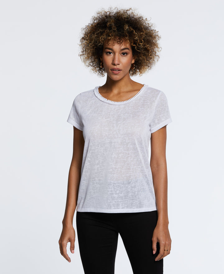 Eco Fabric Short Sleeve Top with Decorative Trim (White) 