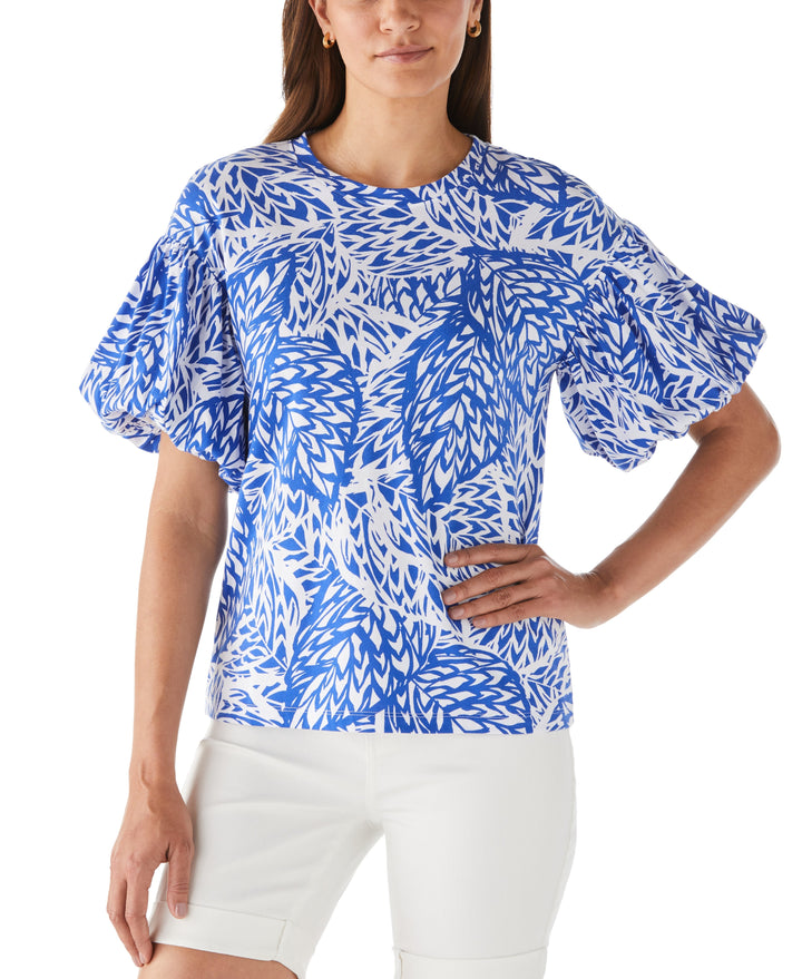 Floral Print Knit Bubble Sleeve Top (Amparo Blue) 