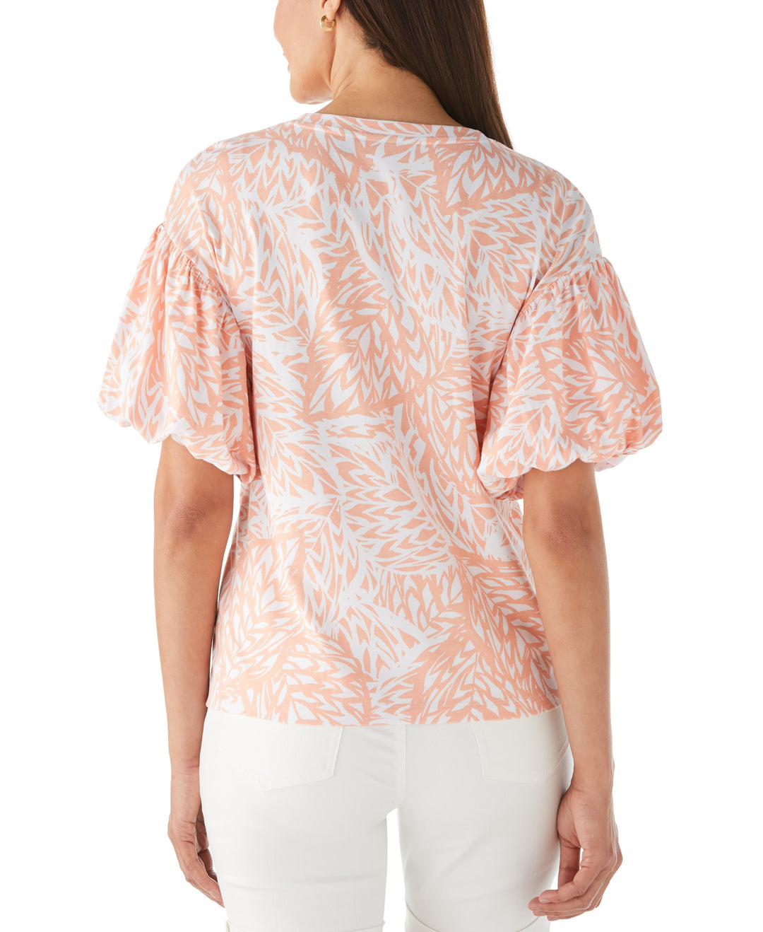 Floral Print Knit Bubble Sleeve Top (Peach Melba) 