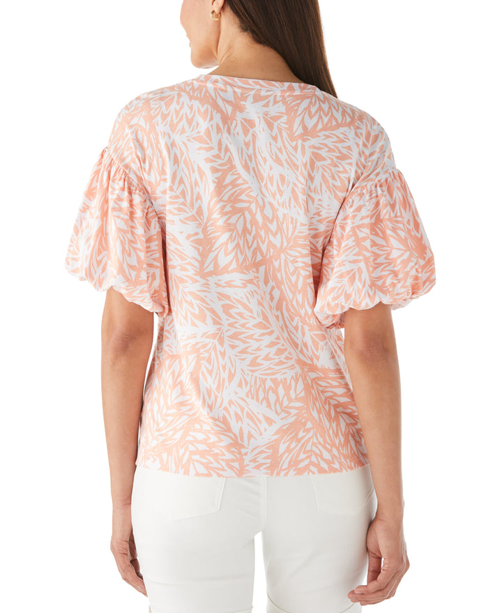 Floral Print Knit Bubble Sleeve Top (Peach Melba) 