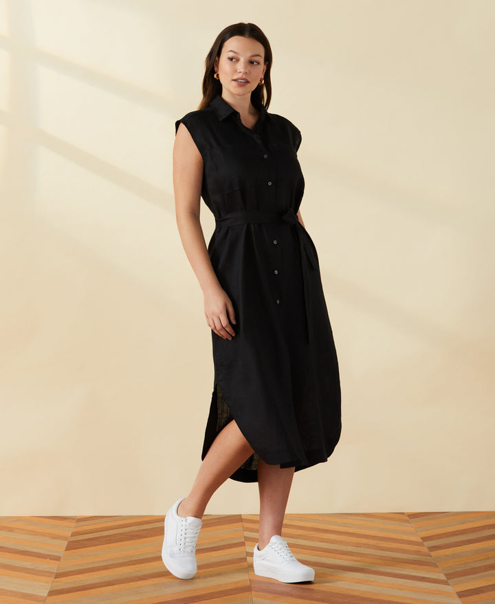 Stripe Linen Shirtdress (Black) 