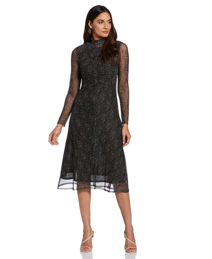 Mock Neck Mesh Midi Dress (Black) 