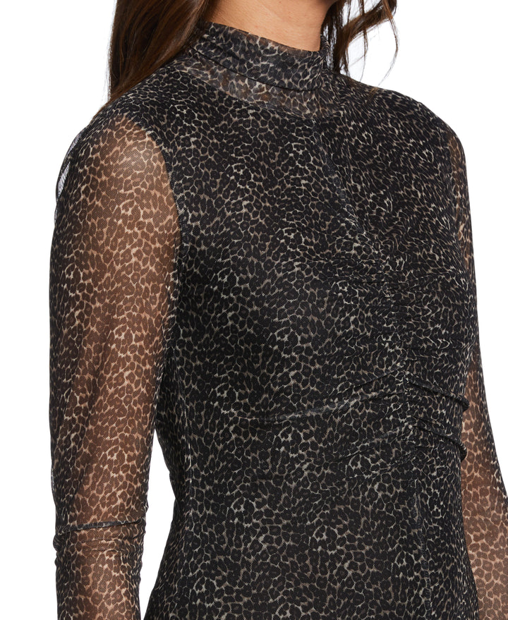 Mock Neck Mesh Midi Dress (Black) 