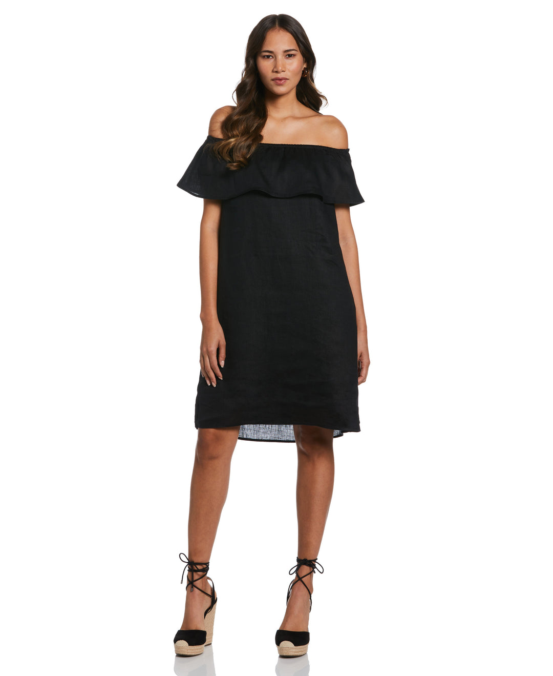 Off-the-Shoulder Ruffle Linen Dress (Black) 