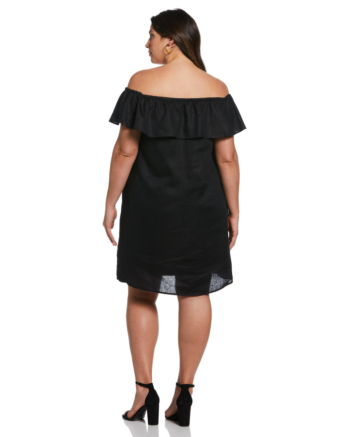 Off-the-Shoulder Ruffle Linen Dress (Black) 