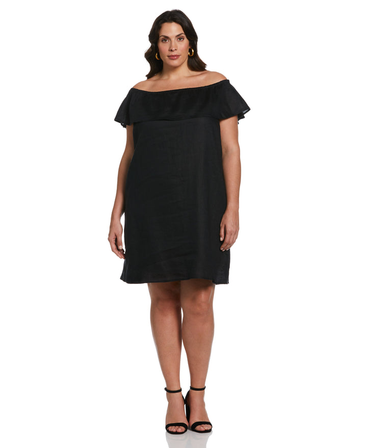 Off-the-Shoulder Ruffle Linen Dress (Black) 