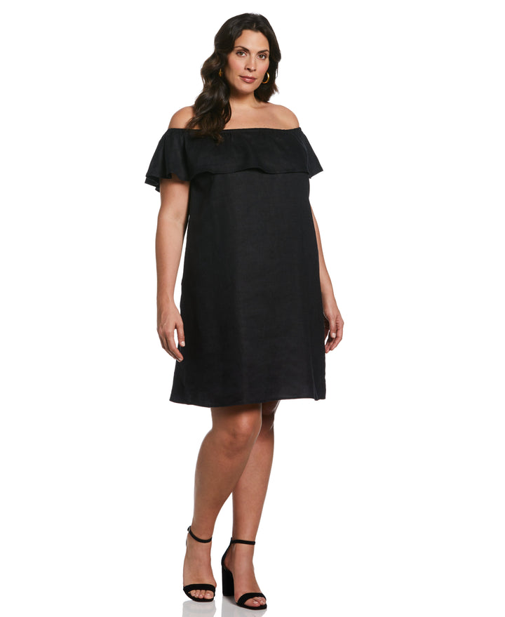 Off-the-Shoulder Ruffle Linen Dress (Black) 