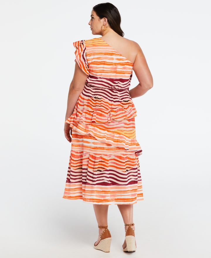 Plus Size 100% Cotton One Shoulder Ruffle Midi Dress (Flame) 