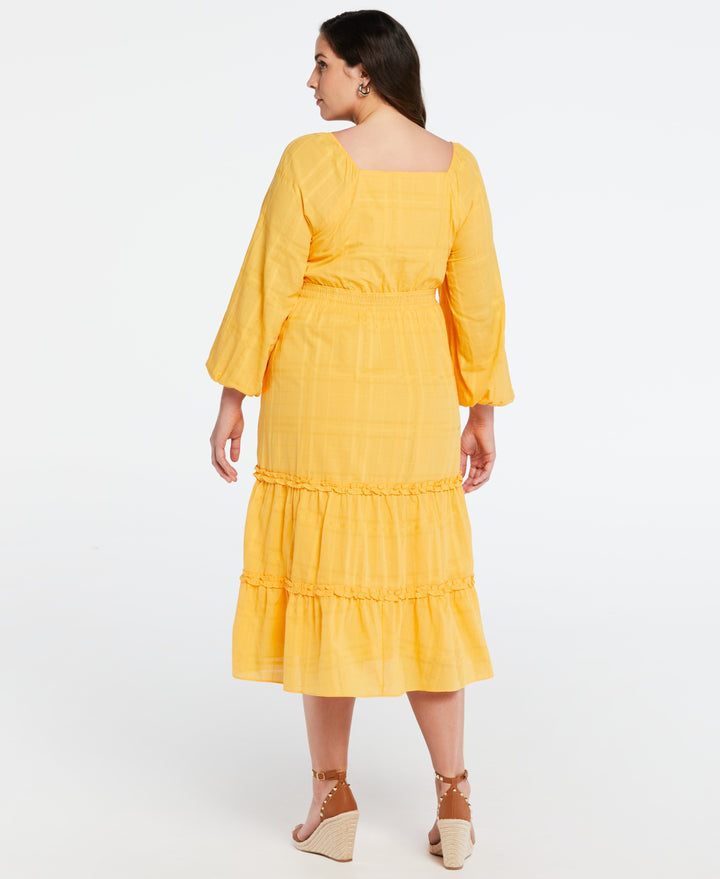 Plus Size 100% Cotton Square Neck Puff Sleeve Dress (Amber Yellow) 