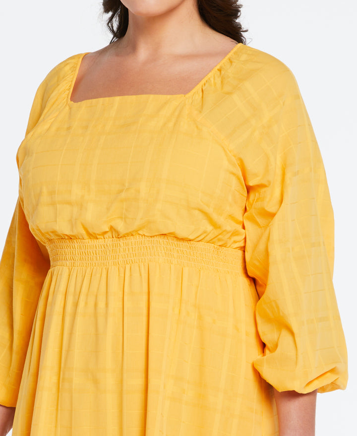 Plus Size 100% Cotton Square Neck Puff Sleeve Dress (Amber Yellow) 