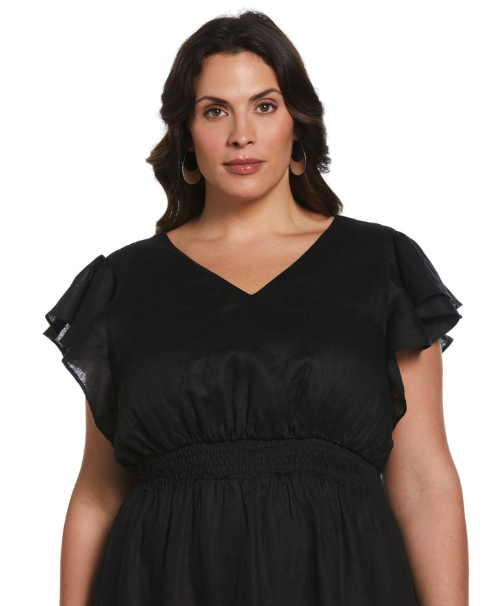 Double V Neck Ruffle Dress (Black) 