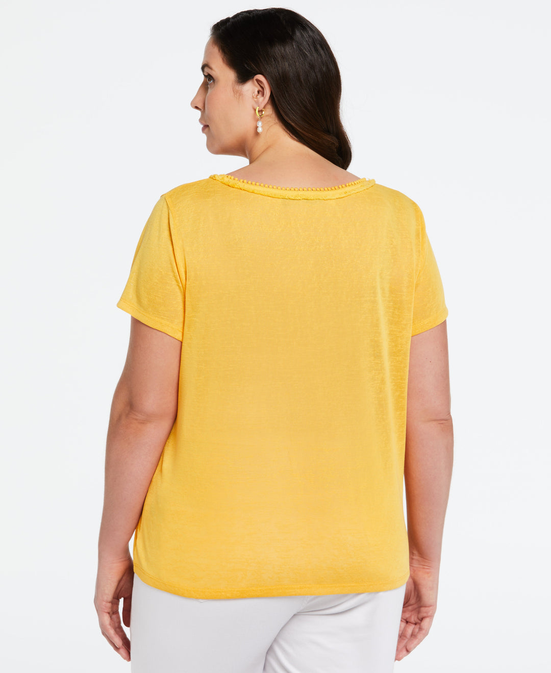 Plus Size Eco Fabric Short Sleeve Top with Decorative Trim (Amber Yellow) 