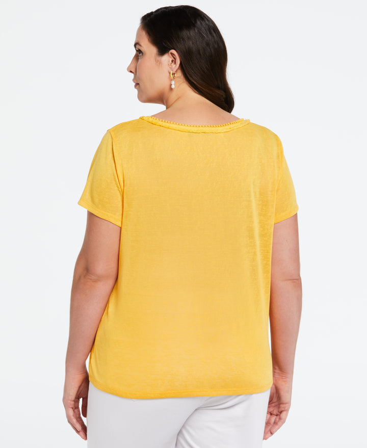 Plus Size Eco Fabric Short Sleeve Top with Decorative Trim (Amber Yellow) 