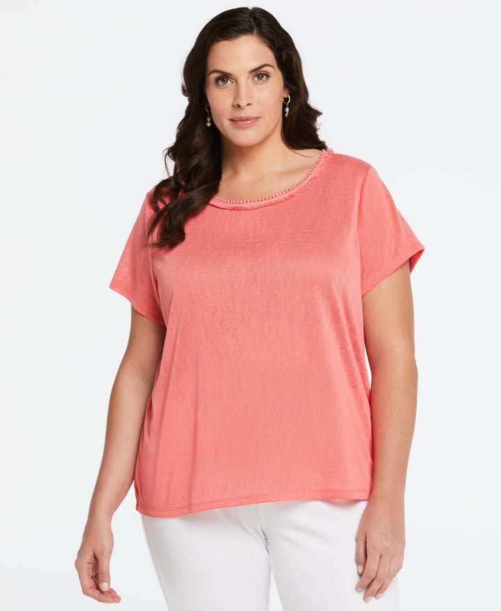 Plus Size Eco Fabric Short Sleeve Top with Decorative Trim (Sun Kissed Coral) 
