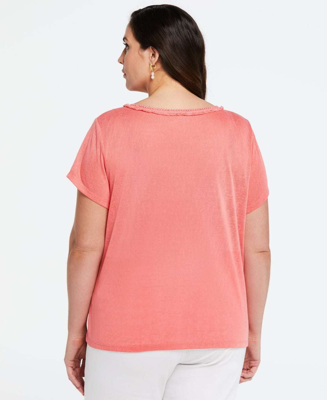 Plus Size Eco Fabric Short Sleeve Top with Decorative Trim (Sun Kissed Coral) 