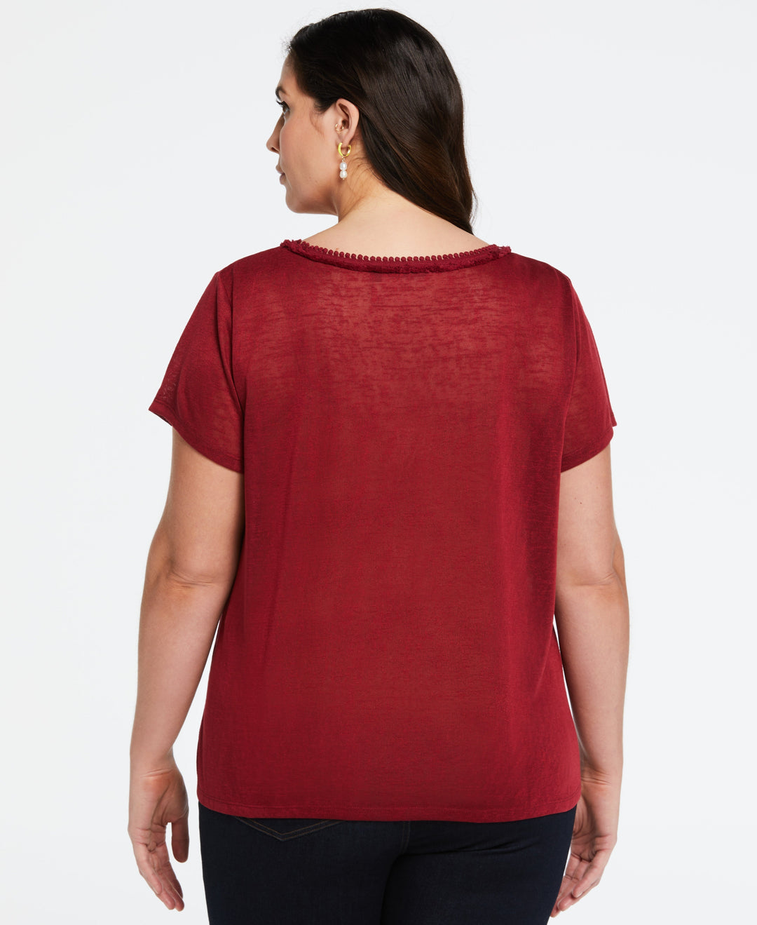 Plus Size Eco Fabric Short Sleeve Top with Decorative Trim (Rumba Red) 