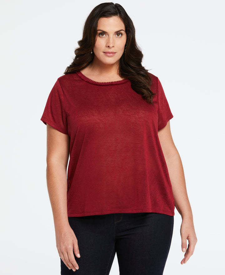 Plus Size Eco Fabric Short Sleeve Top with Decorative Trim (Rumba Red) 