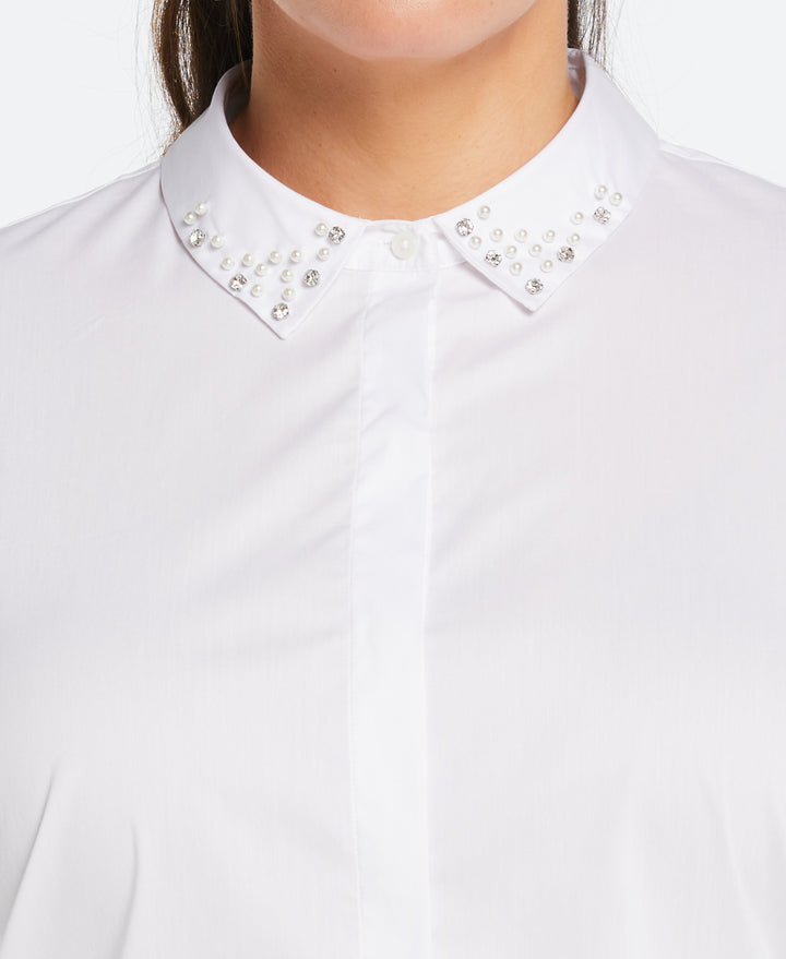 Plus Size Ruched Sleeve Embellished Collar Blouse (White) 