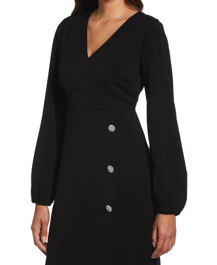 Jewel Button Surplice Dress (Black)