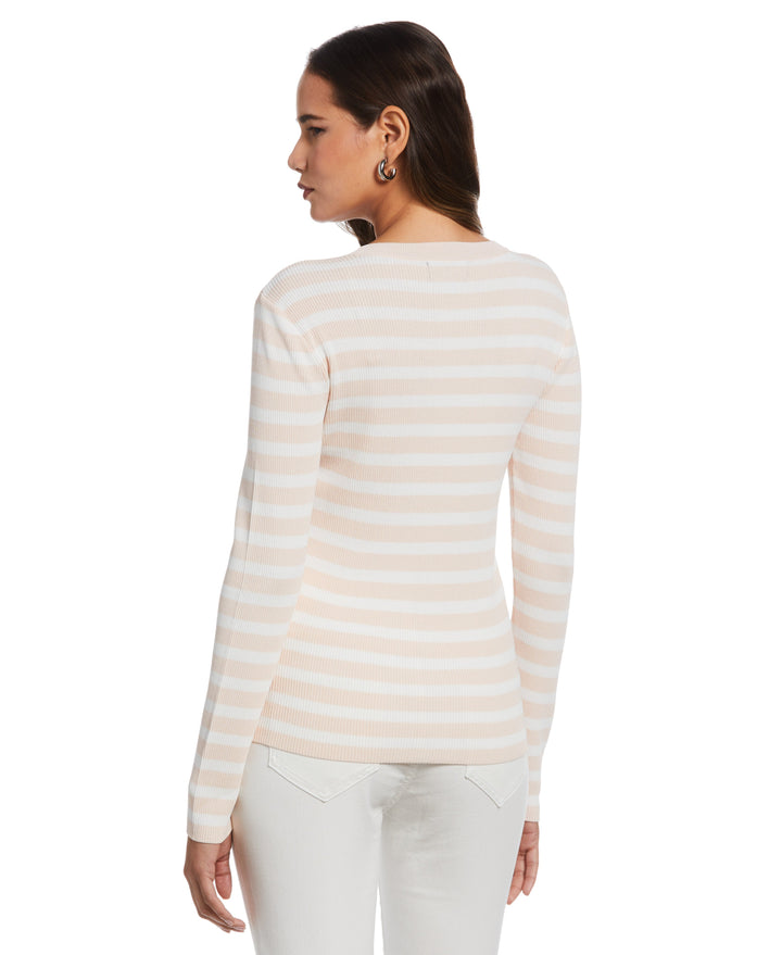 Snap Trim Stripe Asymmetrical Sweater (Cloud Pink) 