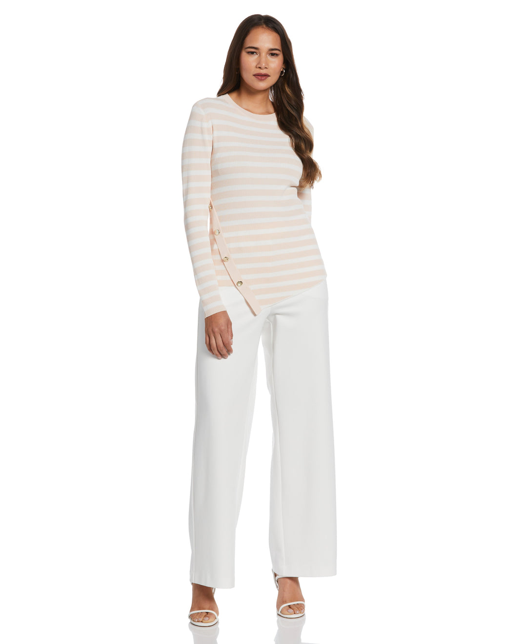 Snap Trim Stripe Asymmetrical Sweater (Cloud Pink) 