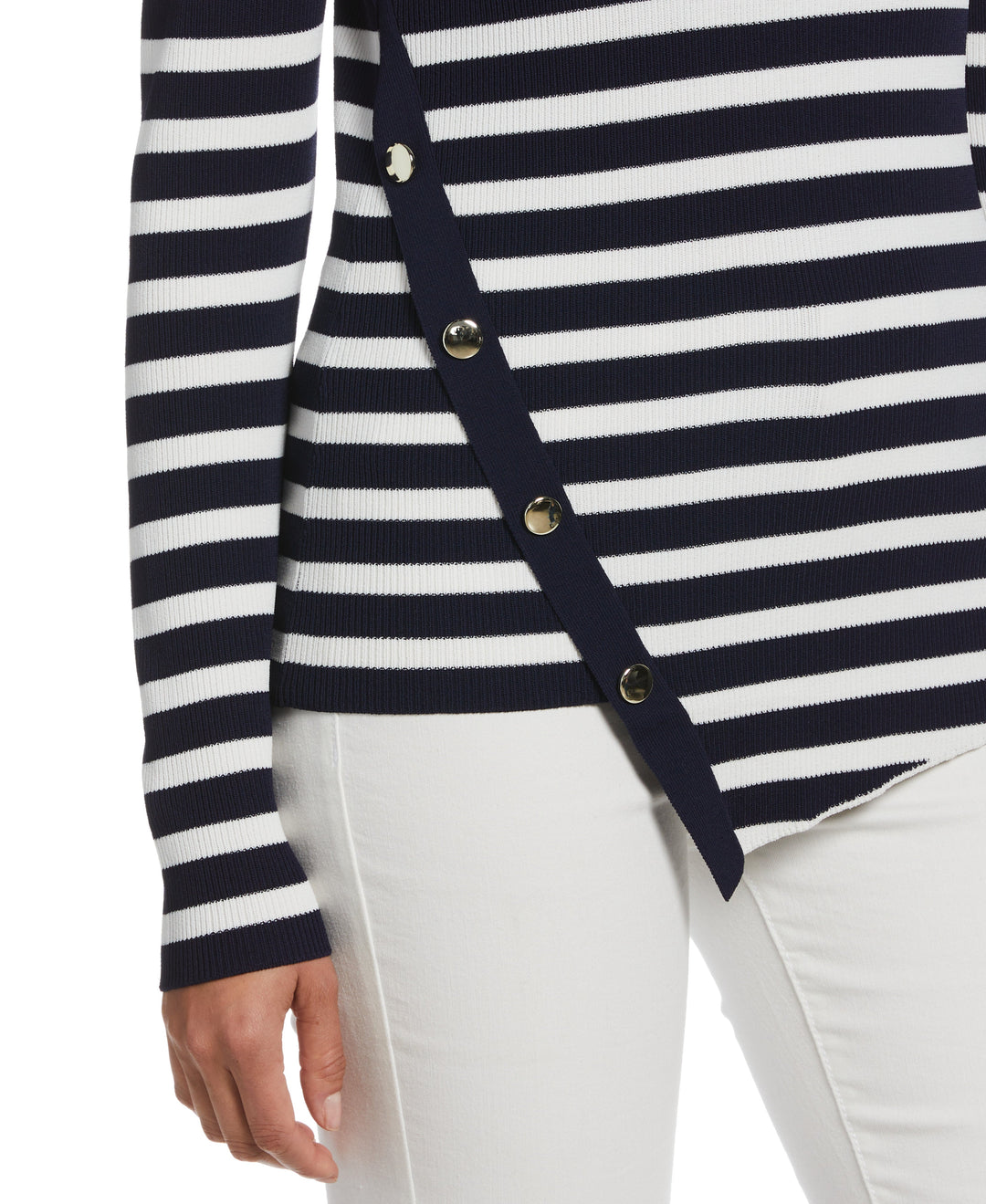 Snap Trim Stripe Asymmetrical Sweater (Peacoat) 