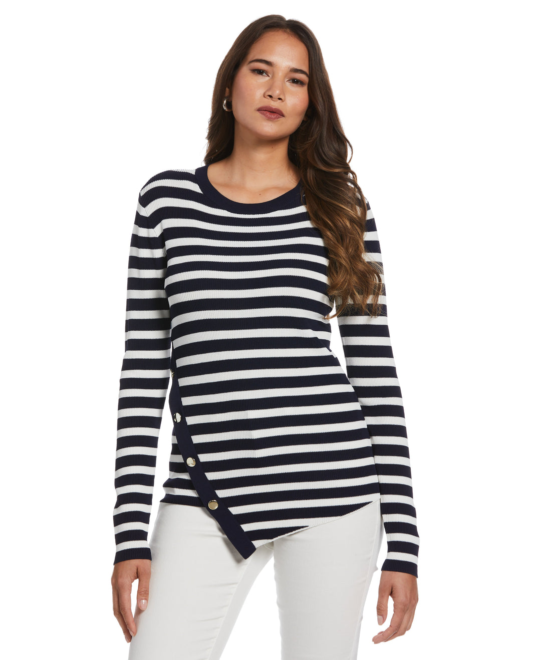 Snap Trim Stripe Asymmetrical Sweater (Peacoat) 