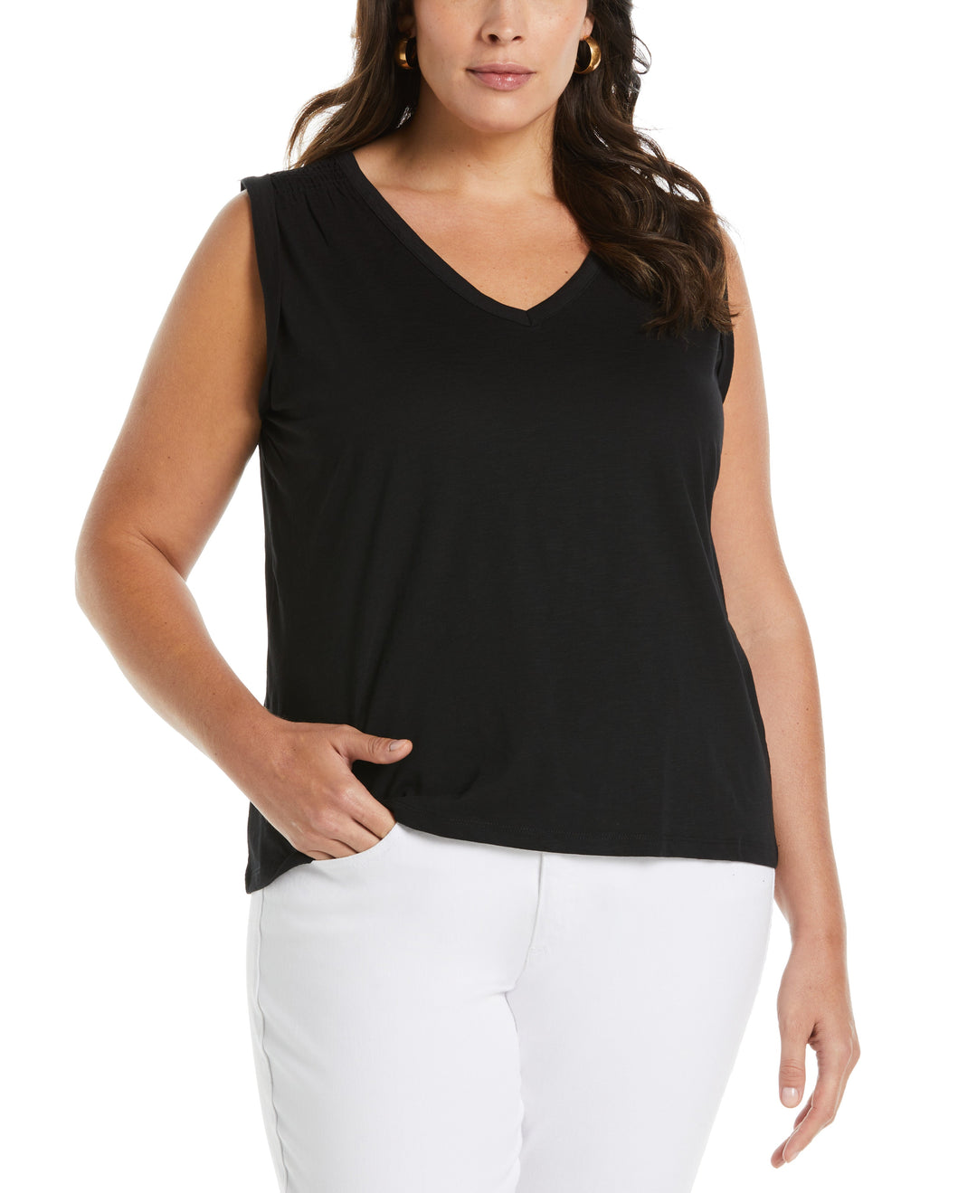 Solid Smocked V-neck Top (Black) 