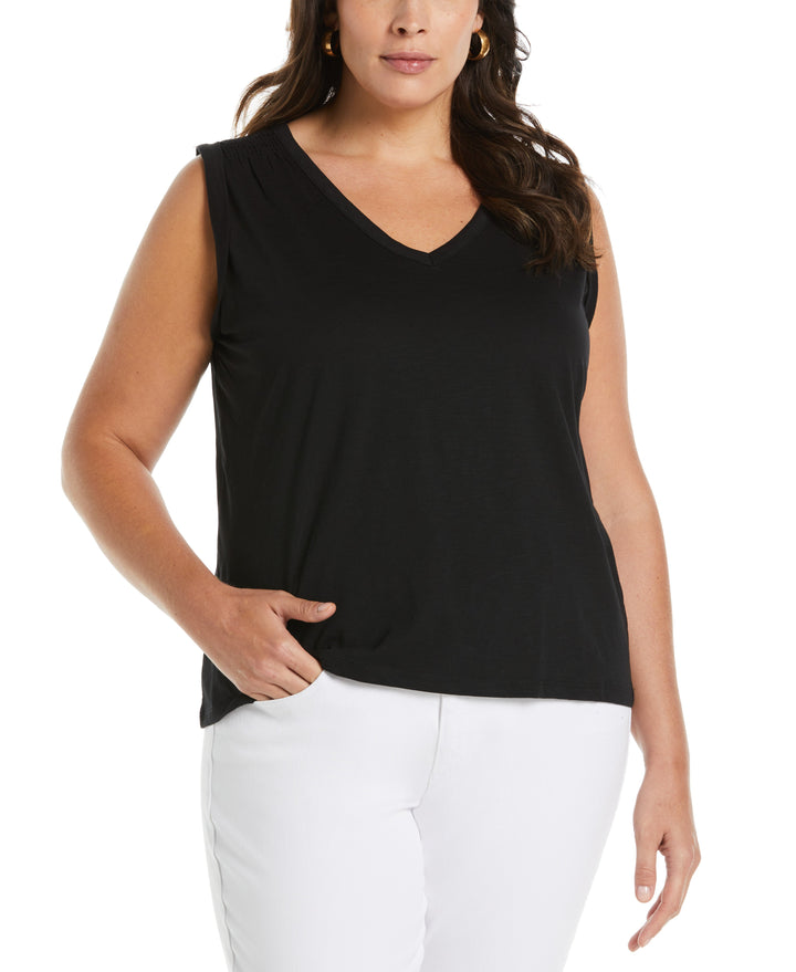 Solid Smocked V-neck Top (Black) 
