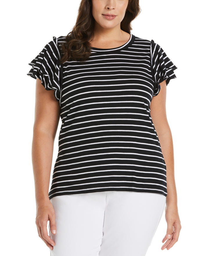 Stripe Ruffle Sleeve Tee (Black) 
