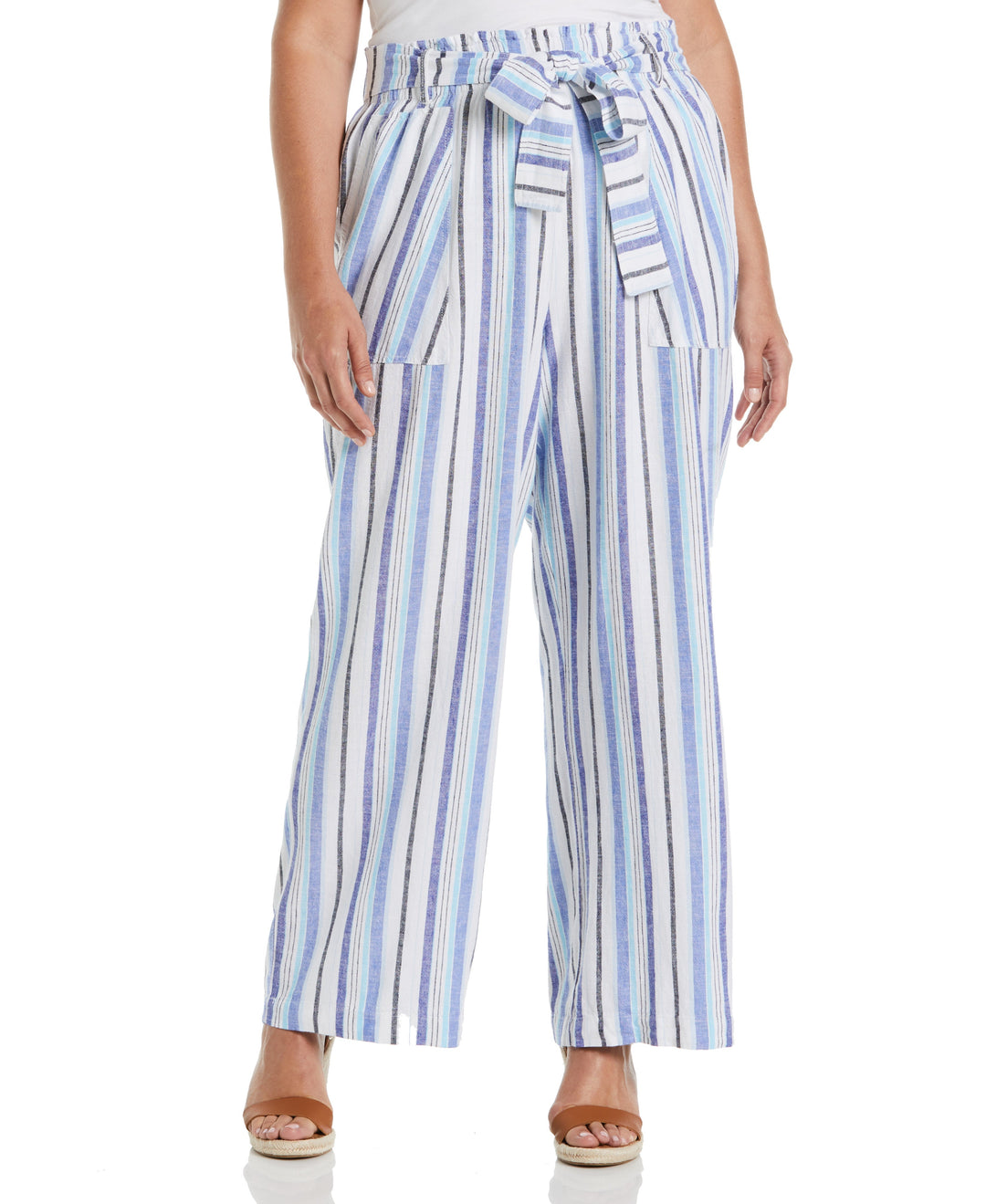 Stripe Wide Leg Linen Blend Paper Bag Pant (Clematis Blue) 