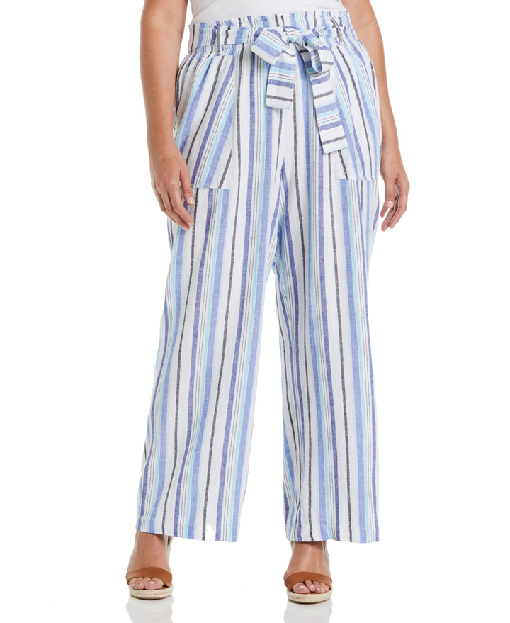 Stripe Wide Leg Linen Blend Paper Bag Pant (Clematis Blue) 