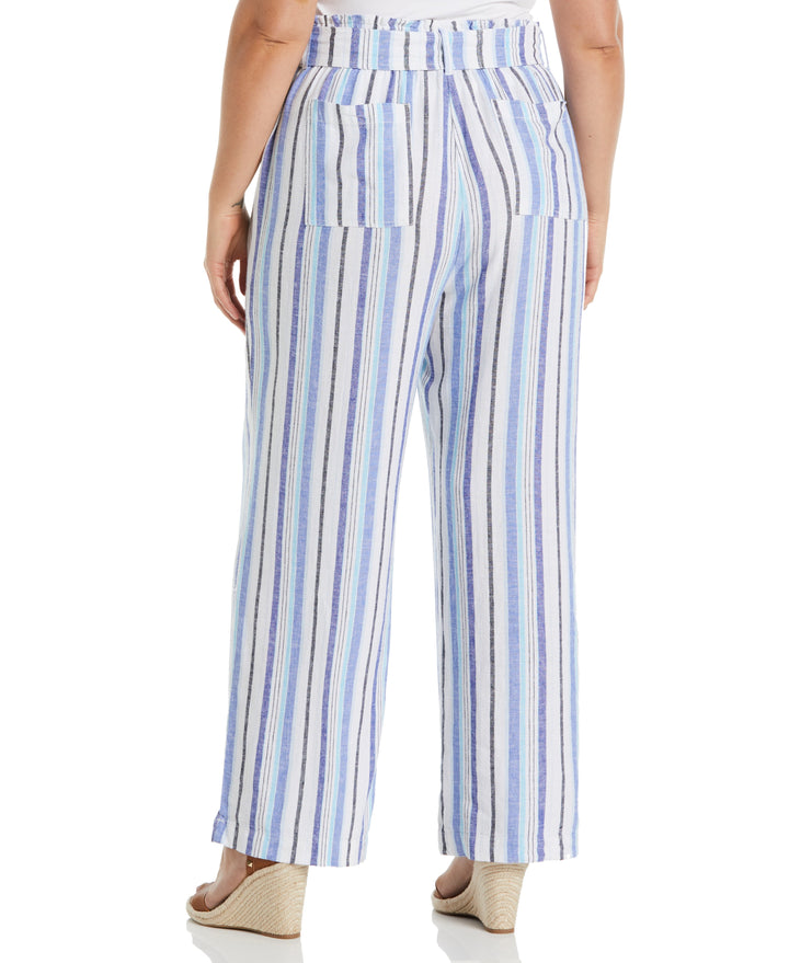 Stripe Wide Leg Linen Blend Paper Bag Pant (Clematis Blue) 