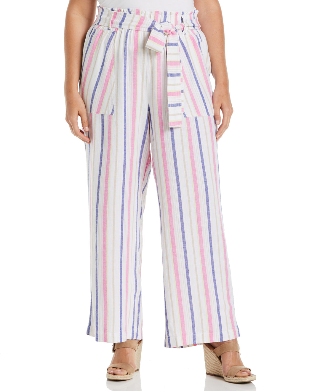Stripe Wide Leg Linen Blend Paper Bag Pant (White) 