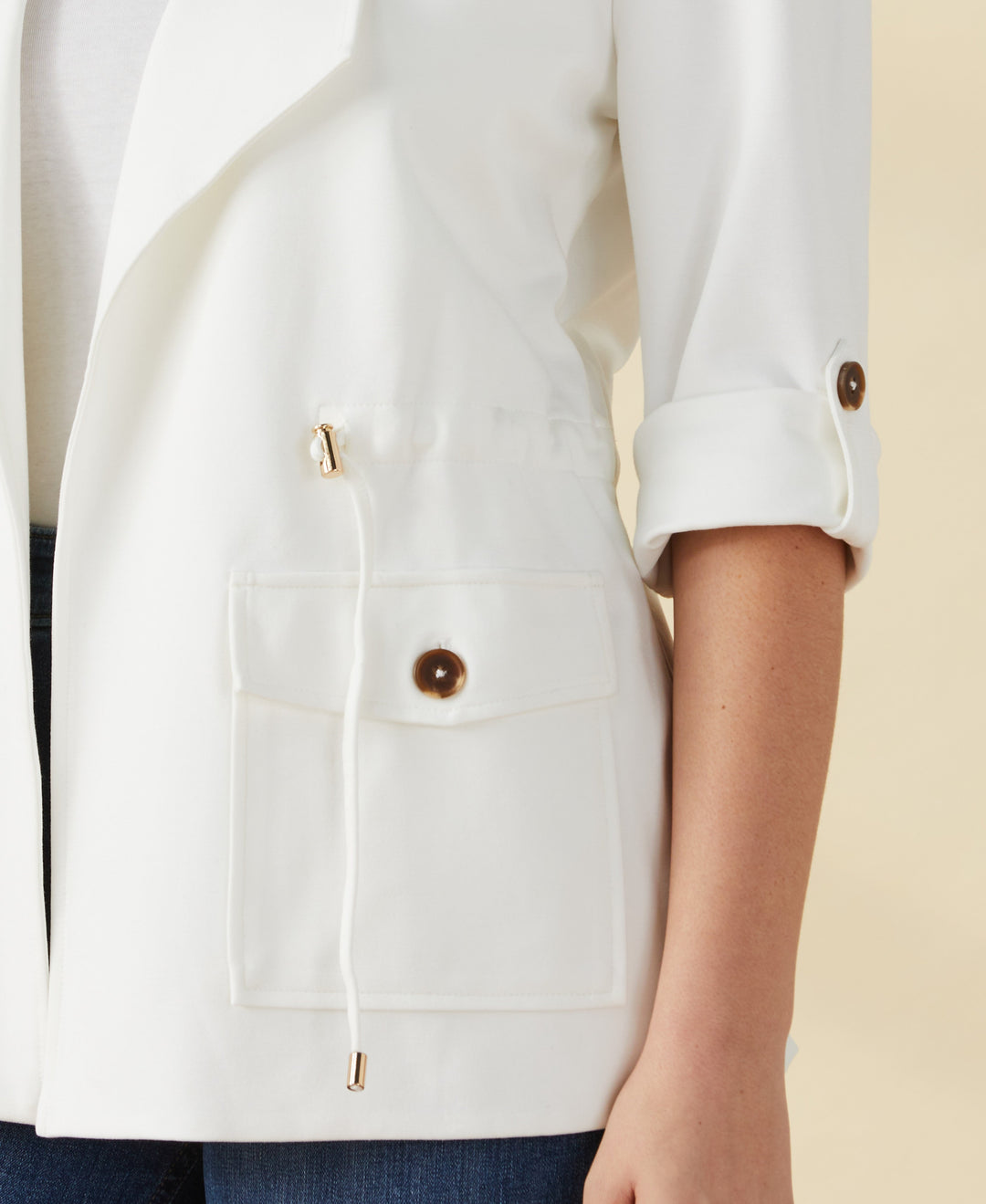 Ponte Knit Drape Front Jacket (Egret) 