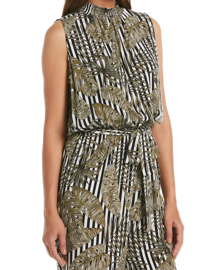 Print Smocked Neck Jumpsuit (Dried Sage) 