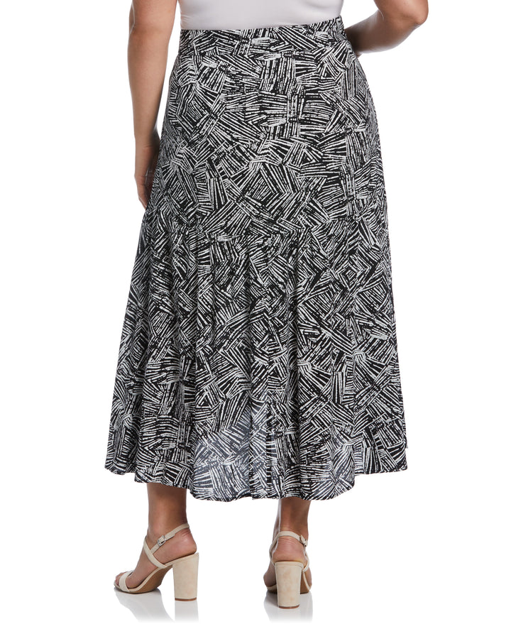 Printed Crepe Faux Wrap Skirt (Black) 